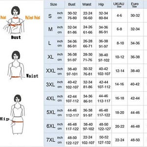 May include: A size chart with measurements in inches and centimeters for bust, waist, and hip. The chart includes UK/AU, Euro, and US sizes, ranging from S to 7XL. Diagrams illustrate where to measure.
