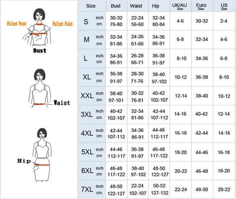 May include: A size chart with measurements in inches and centimeters for bust, waist, and hip. The chart includes UK/AU, Euro, and US sizes, ranging from S to 7XL. Diagrams illustrate where to measure.