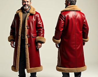 Men's Red Leather Trench Coat: Fur Trimmed Winter Overcoat