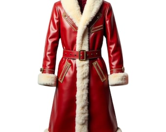 Men's Genuine Red Leather Trench Coat: Fur Trim Winter Coat