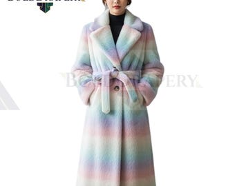 Multi-Color Fur Long Coat - Belted Winter Style