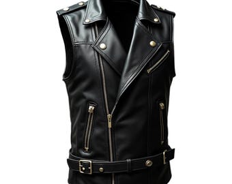 Edgy Black Leather Biker Vest - Men's Moto Sleeveless Vest