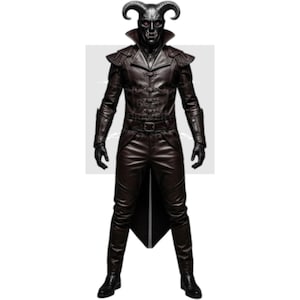 May include: A full-length image of a person in a dark brown leather costume. The costume includes a mask with horns, a long coat, pants, gloves, and boots. The person is standing with their arms at their sides.