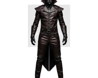 Dark Leather Trench Coat Costume: Gothic Horned Jacket, Gloves & Pants