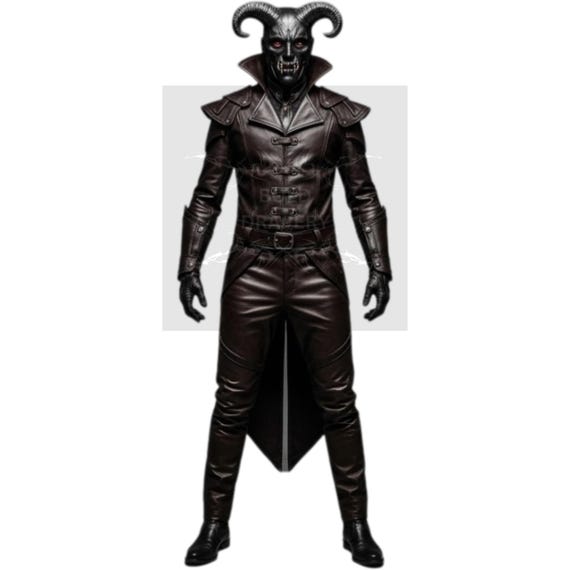 Dark Leather Trench Coat Costume: Gothic Horned Jacket, Gloves & Pants