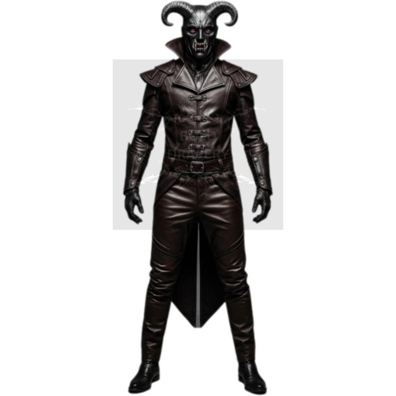 May include: A full-length image of a person in a dark brown leather costume. The costume includes a mask with horns, a long coat, pants, gloves, and boots. The person is standing with their arms at their sides.