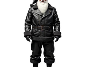 May include: A Santa Claus wearing a black leather jacket with a fur collar and matching pants. He is wearing a black hat with a white pom-pom and has a white beard.