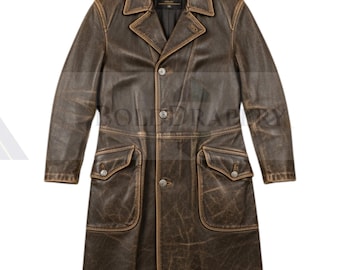 Brown Distressed Leather Coat – Vintage Western Style with Flap Pockets & Lapel