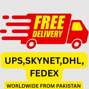 May include: A red delivery truck graphic with the words "FREE DELIVERY" in yellow. Below, a yellow banner lists "UPS, SKYNET, DHL, FEDEX". The image is a promotional graphic.