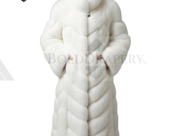 White Faux Fur Chevron Coat: Long Winter Jacket with Satin Lining