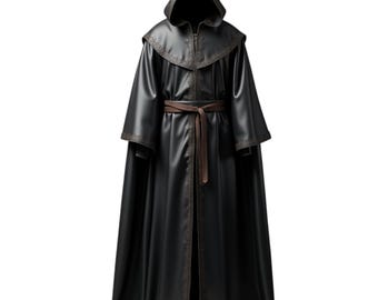Men's Elegant Black Hooded Cloak – Timeless Style with Belted Fit -