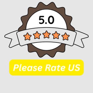 May include: A graphic with a brown and white badge displaying the number 5.0, a ribbon with five orange stars, and the text "Please Rate US" in a yellow rectangle.