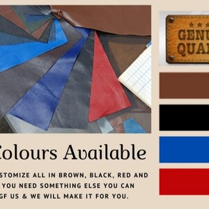 May include: A display of leather swatches in various colors, including brown, black, blue, and red. The text "All Colours Available" is displayed, along with a "Genuine Quality" emblem.