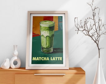 Impresión artística retro de matcha latte: decoración de cocina vintage