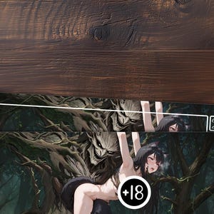 May include: A rectangular playmat featuring a dark forest illustration with a pale figure entangled in tree branches, accompanied by a matching trading card. The design includes a white circular +18 icon and a Commander Zone text box area.