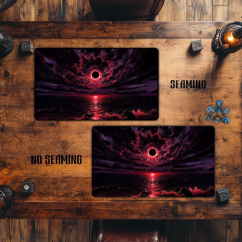 May include: Two rectangular gaming mouse pads with a dark, dramatic landscape design. The design features a red sun, dark clouds, and a body of water. One pad is labeled "SEAMING" and the other "NO SEAMING".