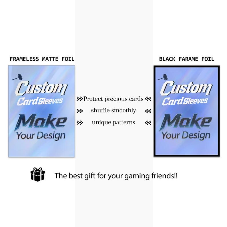 May include: Two rectangular card sleeves with a light blue iridescent foil finish. The left sleeve is frameless, and the right sleeve has a black border. Both feature the text Custom CardSleeves Make Your Design and a small hammer icon.