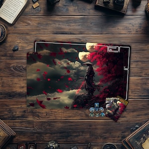 May include: A dark blue and black gaming mat featuring a fantasy illustration of a solitary figure standing on a cliff with a red tree in the background. The mat has a "Commander Dice" label in the top right corner. The mat is surrounded by dice and a card with a fantasy illustration.