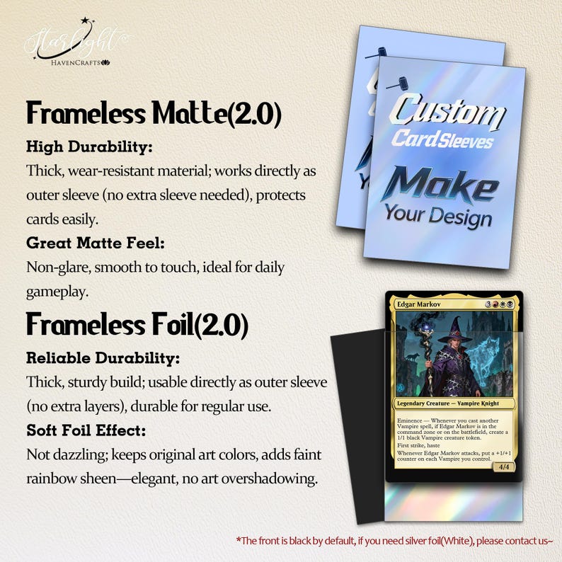 May include: Custom card sleeves with Frameless Matte and Frameless Foil options. The image displays text describing product durability and finish, alongside two blue-toned sleeve samples and a black sleeve holding an Edgar Markov game card.
