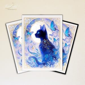 May include: Three art prints showcasing a dark blue cat with blue eyes, a jeweled collar, and blue butterflies and flowers. The background features a full moon and stars, with gold detailing. The prints have a white border and the text "Starlight HavenCrafts".