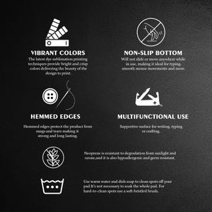 May include: Black background with white text and icons describing features of a product. Text includes "Vibrant Colors," "Non-Slip Bottom," "Hemmed Edges," and "Multifunctional Use." The product is made of neoprene.