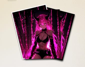 May include: Three art prints featuring a digital illustration of a female anime character with pink hair, horns, and a black outfit. The character is surrounded by pink chains and a dark background. The prints are stacked on a light beige surface.
