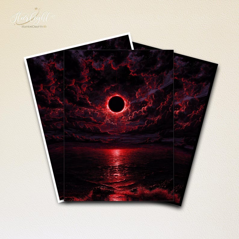 May include: Two art prints featuring a dramatic, dark red and black landscape. The artwork depicts a celestial event with a black circle surrounded by a red glow, reflected in the water below. The prints have white borders and are titled "Starlight HavenCrafts."
