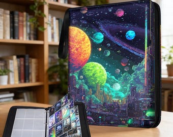 4 and 9 Pocket Trading Card Binder, Pixel Universe City mtg Card Binder, PU Leather, Full Art Printing, Custom patterns.