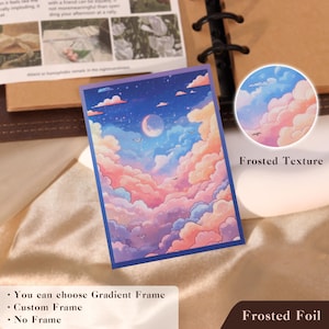 May include: A rectangular card featuring a digital illustration of a night sky with a crescent moon, stars, and pink, blue, and purple clouds. A circular inset shows a close-up of the frosted texture. The text Frosted Texture is visible.