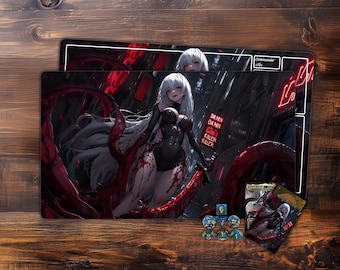 May include: Two black gaming mats with anime-style artwork featuring a woman with white hair and a sword, surrounded by red tentacles. Dice and a card are also visible. The mats have the text "Damn Killer".