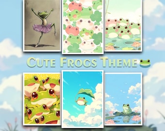 May include: A set of six digital images featuring cute cartoon frogs in various poses and settings. The images include a frog wearing a tutu, a group of frogs on lily pads, a frog on a leaf, and a group of frogs in a pile.