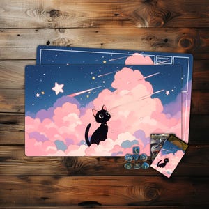 MTG Playmat, Anime Black Cat Colorful Clouds TCG Playmat,Trading Card Game Accessories,Table Top Gaming,PC Game Accessory