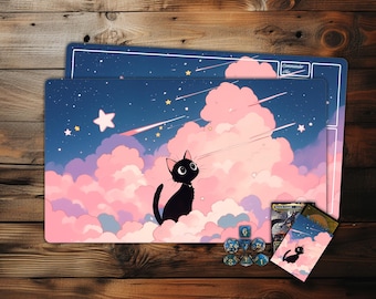 MTG Playmat, Anime Black Cat Colorful Clouds TCG Playmat,Trading Card Game Accessories,Table Top Gaming,PC Game Accessory