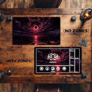 May include: Two gaming playmats with a dark red and purple landscape design. One mat has no zones, while the other features zones and a white lotus flower logo with the text "Battlefield" and "Lands".