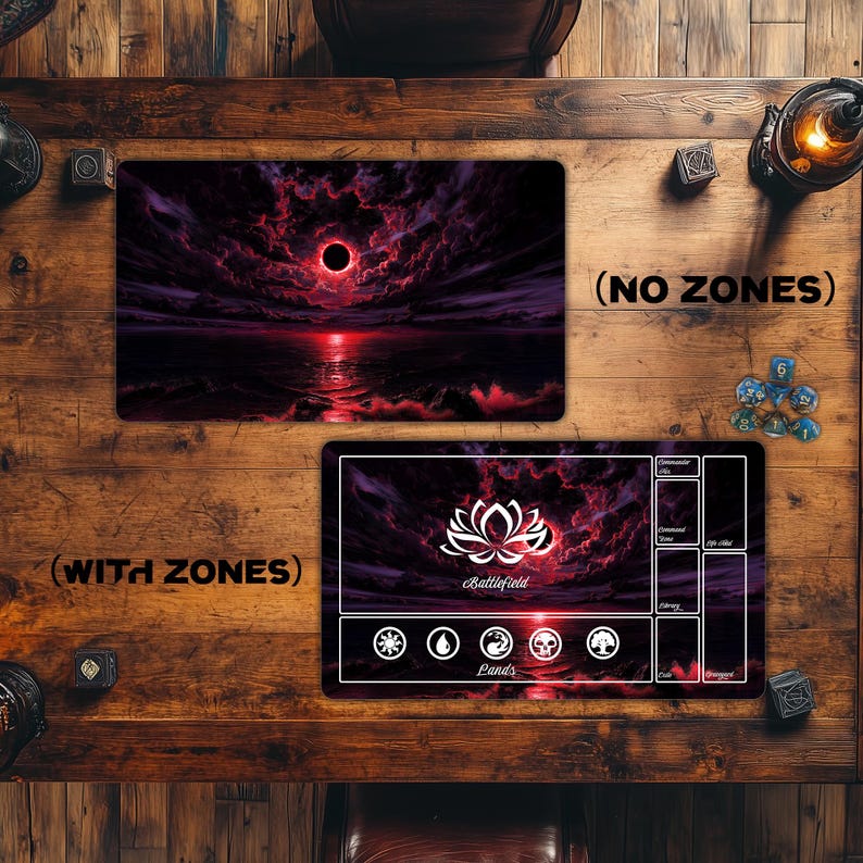 May include: Two gaming playmats with a dark red and purple landscape design. One mat has no zones, while the other features zones and a white lotus flower logo with the text "Battlefield" and "Lands".