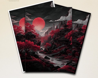 May include: Three art prints depicting a Japanese landscape with a large red sun, temples, and red trees. The artwork uses a palette of black, red, and grey, creating a dramatic scene. The prints are stacked, with the top print slightly angled.