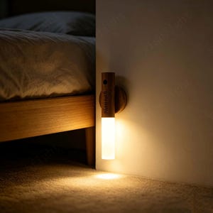 May include: A cylindrical wall-mounted light fixture featuring a wooden upper section with the name Hannah engraved on it and a frosted white lower section that emits a warm glow, casting light downward onto the floor surface below.