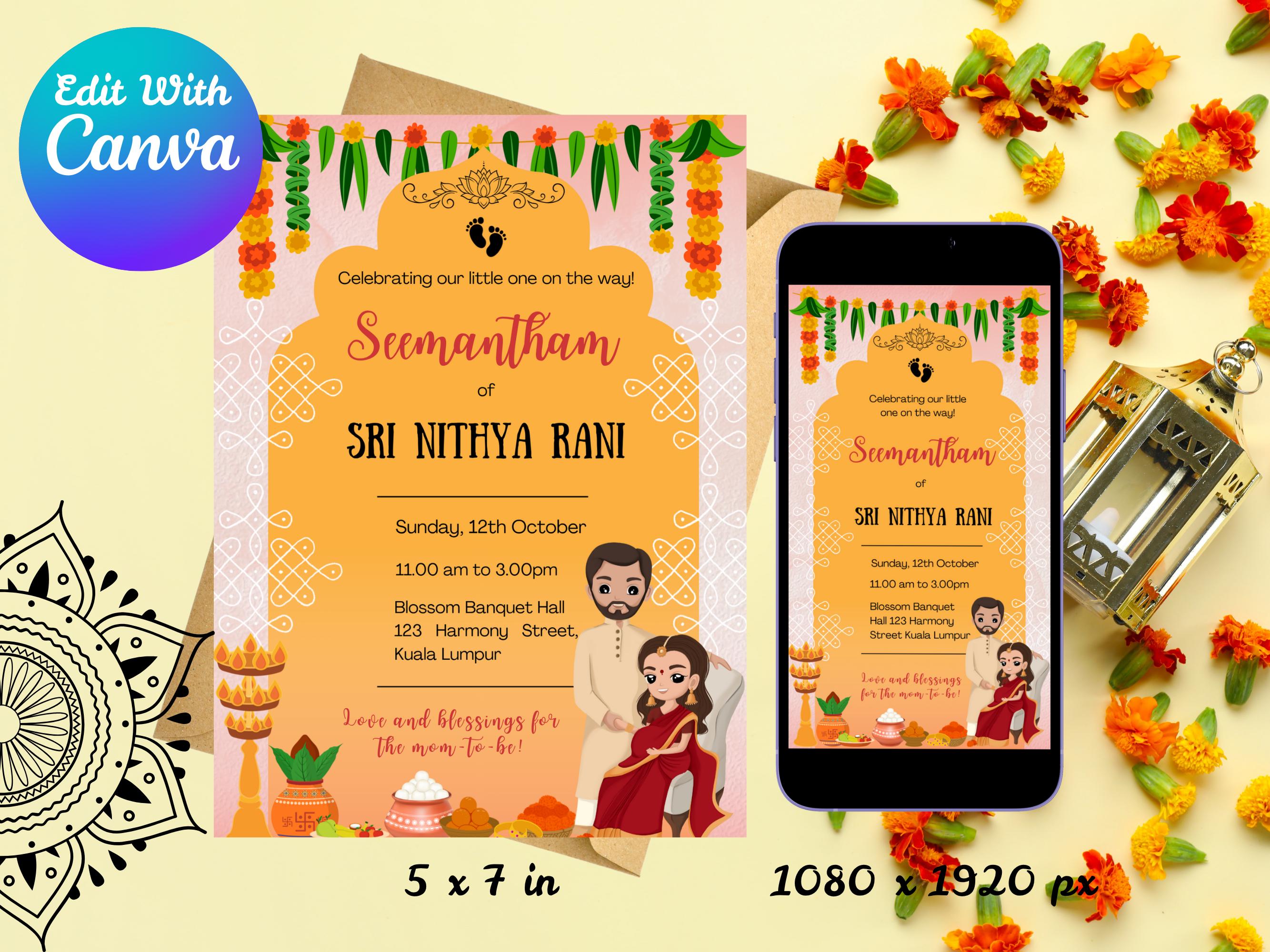 Buy Seemantham Invitation Orange Bangle Ceremony Card Editable