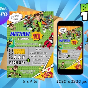 Ben 10 Birthday Invitation | Digital Editable Party Invite | Green Alien Theme | Instant Download | Ben Ten Printable