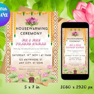 faire-part de pendaison de crémaillère | Thème ganesha et lotus marron blanc | Carte Gruhapravesh numérique modifiable | Invitation hindoue Pooja pour une nouvelle maison
