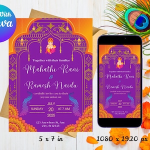 Indian Wedding Invitation | Purple Orange Peacock & Ganesha Theme | Editable Digital Card | Hindu Marriage Card | Gold Floral Design