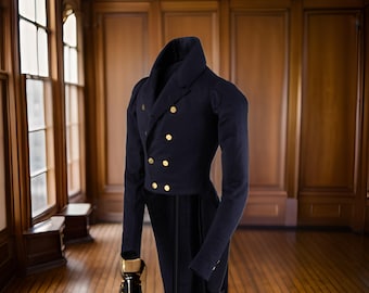 Navy Blue Wool Regency Tailcoat: British Wedding, Cosplay Costume