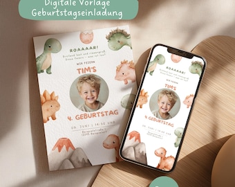 Dinosaur-themed children's birthday party invitation, digital, customizable Canva template for editing, WhatsApp invitation or printing, available immediately.