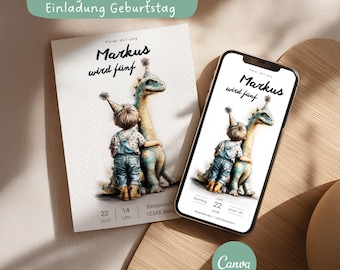 Dinosaur-themed birthday party invitation for boys, personalized Canva template for digital and print use