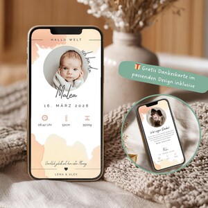 Annuncio di nascita digitale personalizzato – modello di biglietto di nascita neutro come eCard – modificabile con Canva – annuncia la nascita tramite WhatsApp