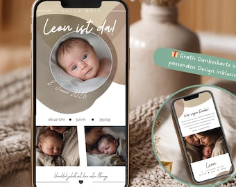 Digital baby birth announcement, customizable birth card as a Canva template, Hello Baby eCard with photo, welcome card for WhatsApp