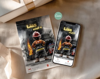 Firefighter-themed invitation for a children's birthday party, digital birthday invitation with a firefighter motif, customizable Canva template, instant download