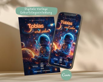 Digital template for space-themed children's birthday party invitations, customizable Canva invitation card for space parties with astronaut motif, printable