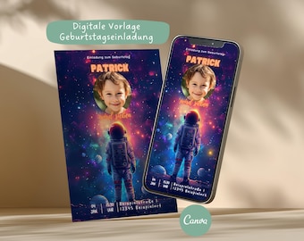 Space-themed children's birthday party invitation with photo, customizable Canva template, birthday invitation with astronaut motif, digital & printable