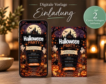 Halloween Einladung zur Gruselparty – Canva Vorlage digital & druckbar | Spukschloss, Geister und Kürbisse